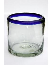 VIDRIO SOPLADO / vasos roca con borde azul cobalto